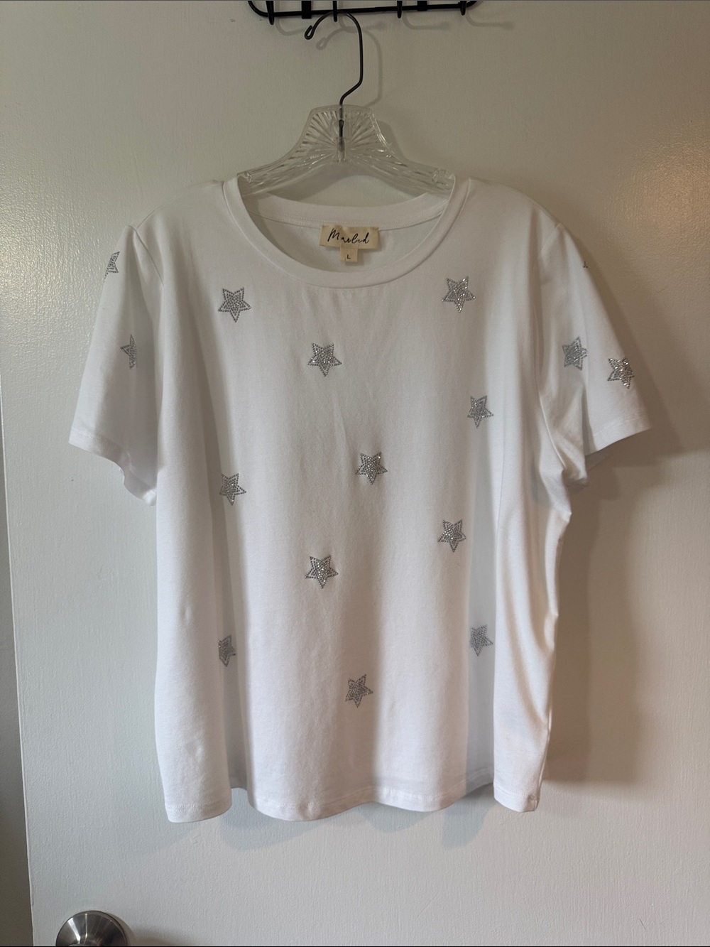 White Tee with Silver Star Accents by Marled.